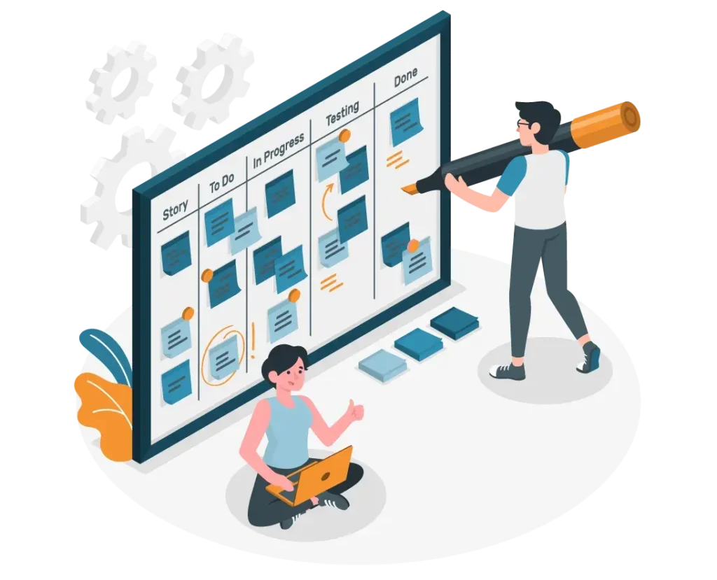 Illustration d’un homme et d’une femme utilisant un tableau de gestion de projet type Kanban avec des colonnes