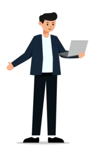 illustration d'un formateur tenant un ordinateur dans les mains