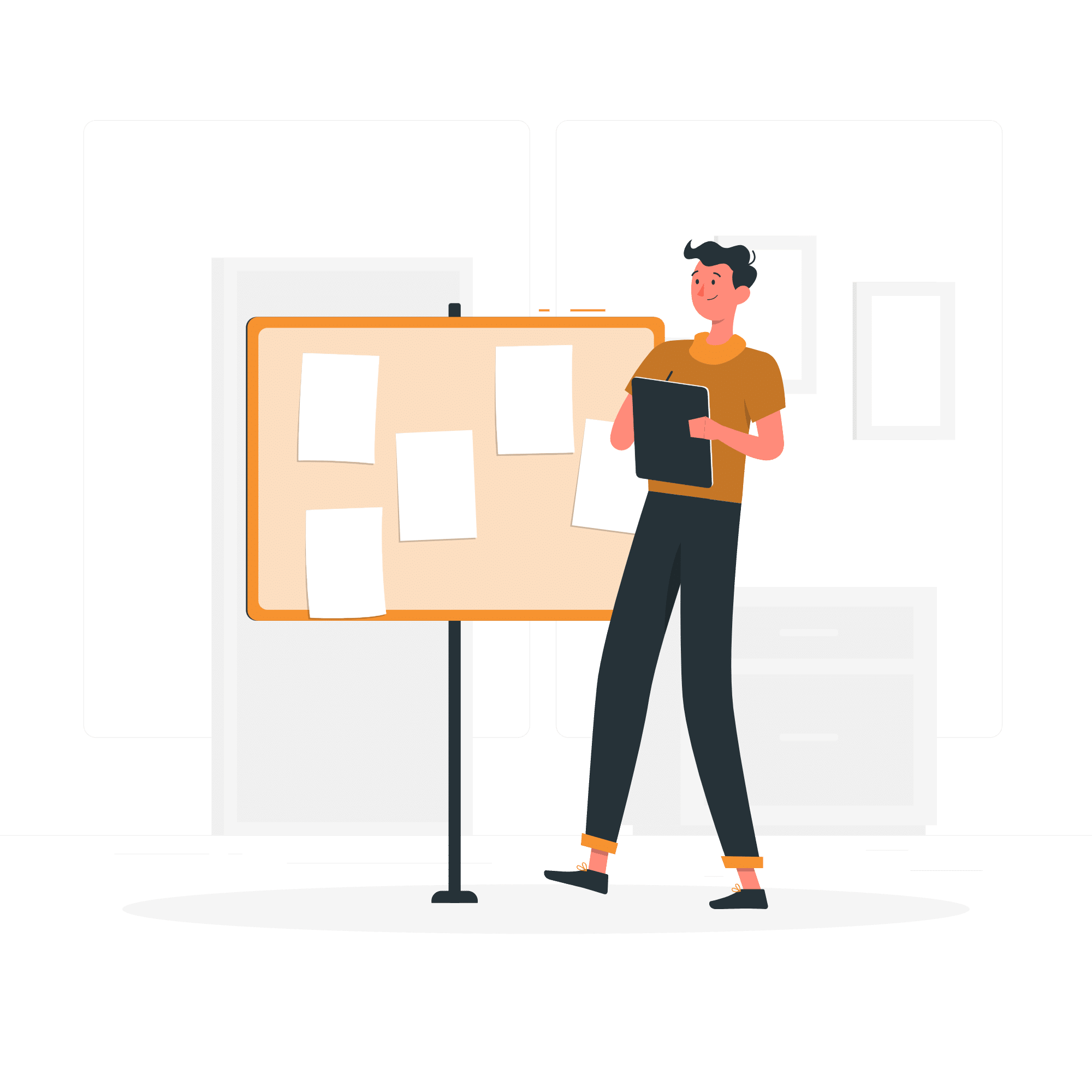 Illustration d'un formateur présentant des notes et idées sur un tableau