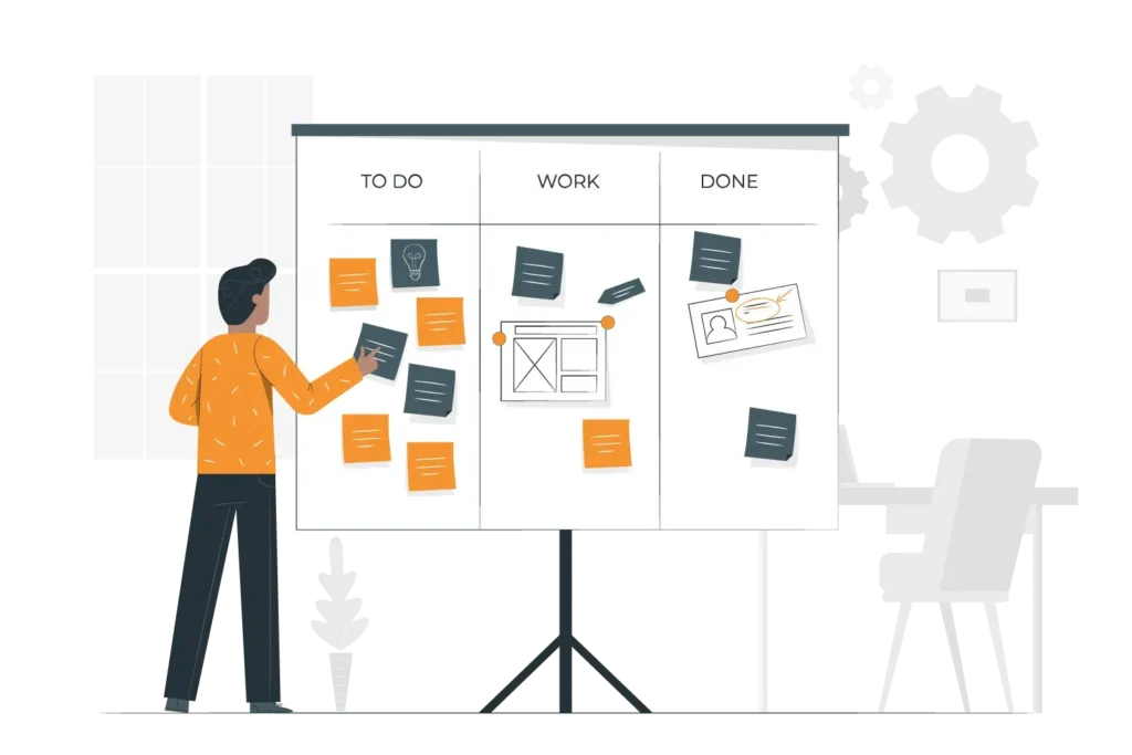 Illustration d'une personne organisant des tâches sur un tableau Kanban