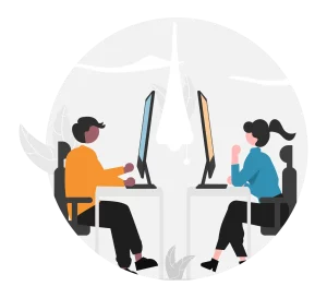 Illustration de deux personnes travaillant sur des ordinateurs dans un espace de coworking