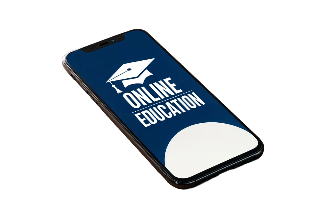 Smartphone affichant 'Online Education' avec une icône de chapeau de diplômé