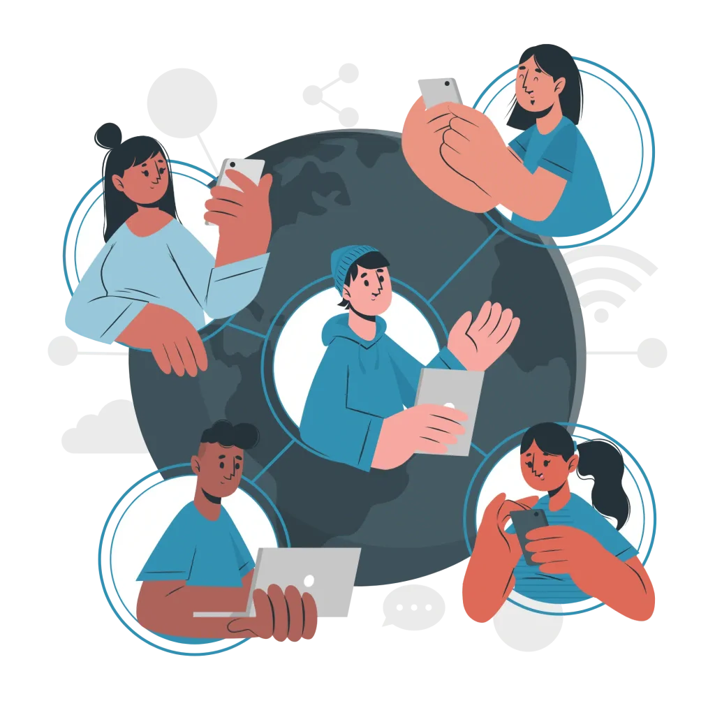 Illustration de personnes connectées à travers le monde via des appareils numériques