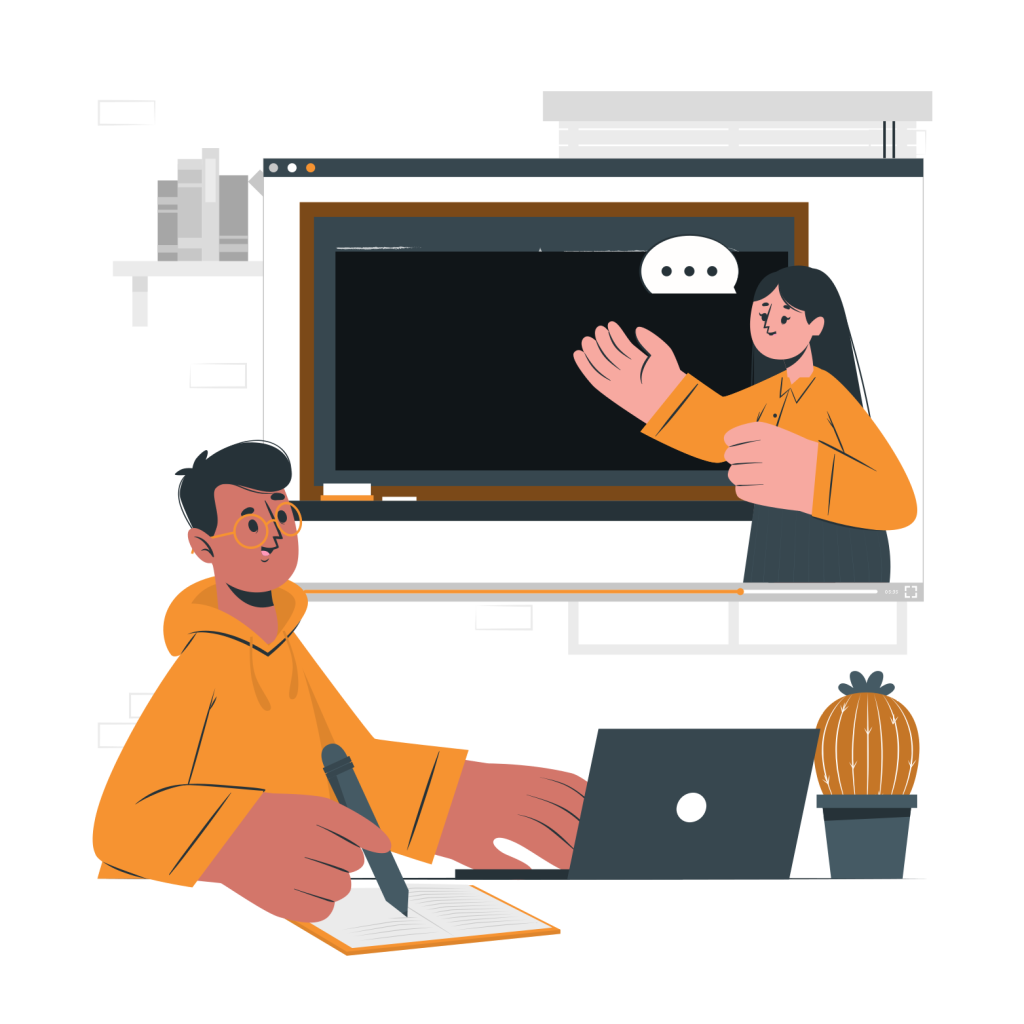 un  homme écoute une video learning présenté par femme