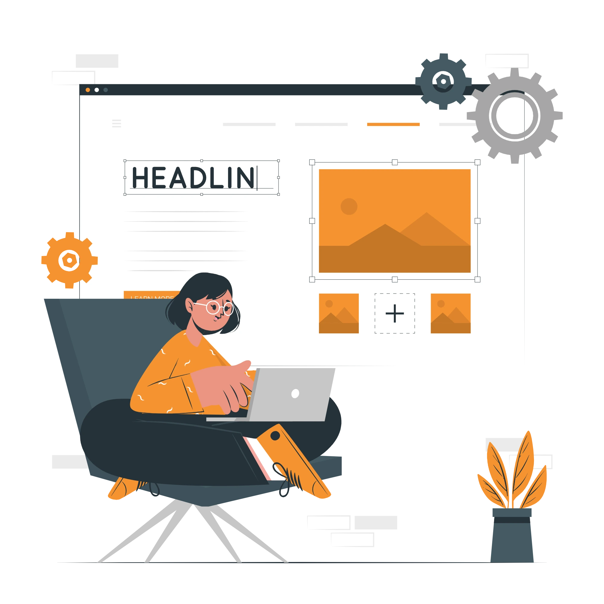 Illustration d'une femme assise devant un écran créant une interface de site web avec des éléments graphiques et du texte.