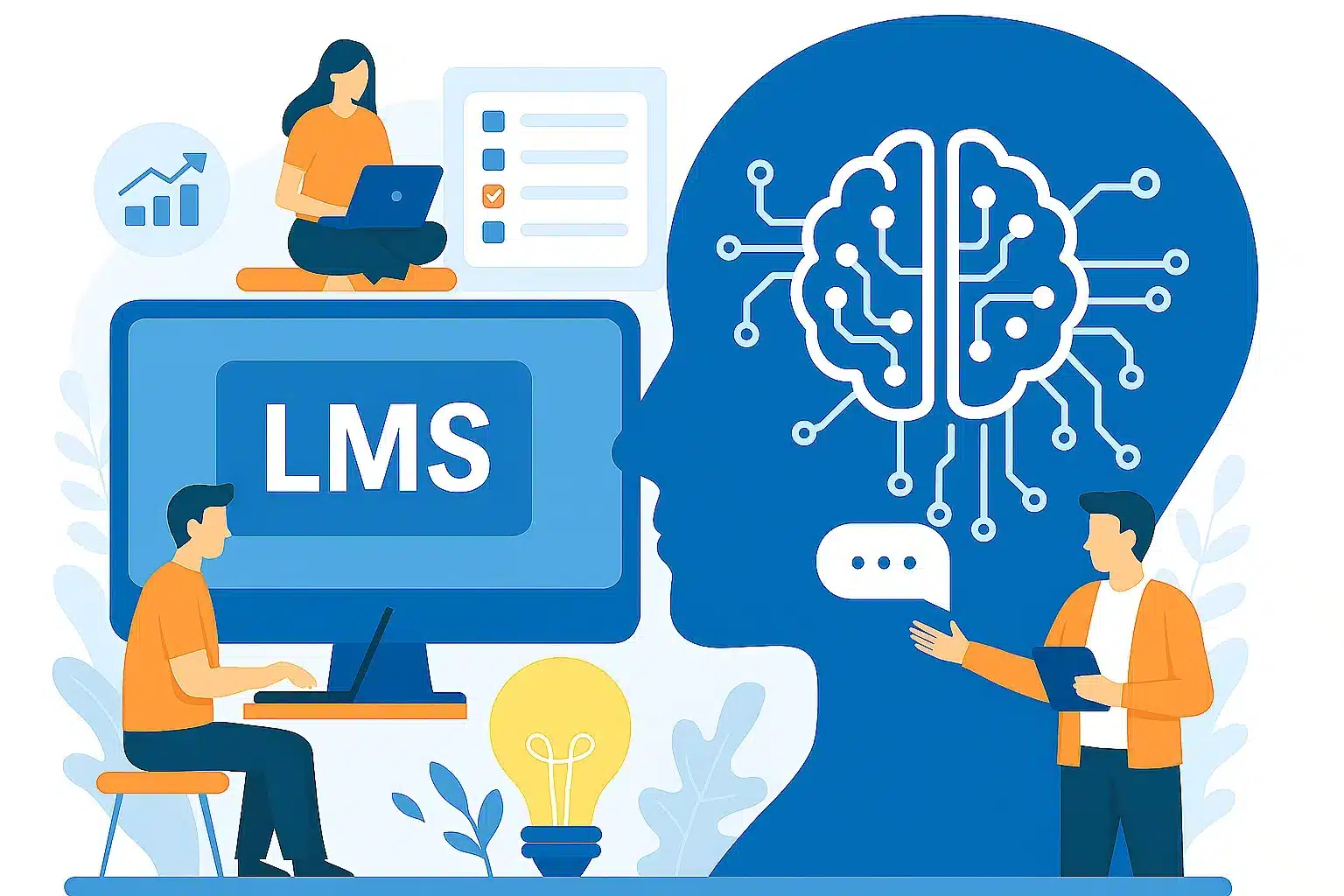 Illustration de la connexion entre un système LMS avec une représentation graphique de l'intelligence artificielle dans un cerveau connecté.