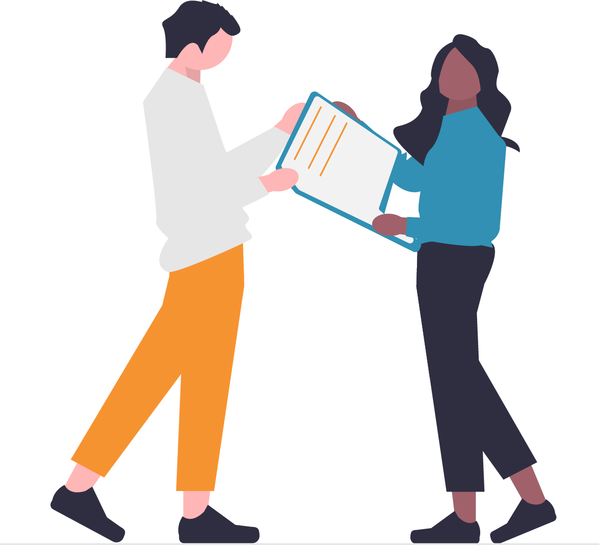 Illustration de deux personnes échangeant un document, représentant une collaboration professionnelle