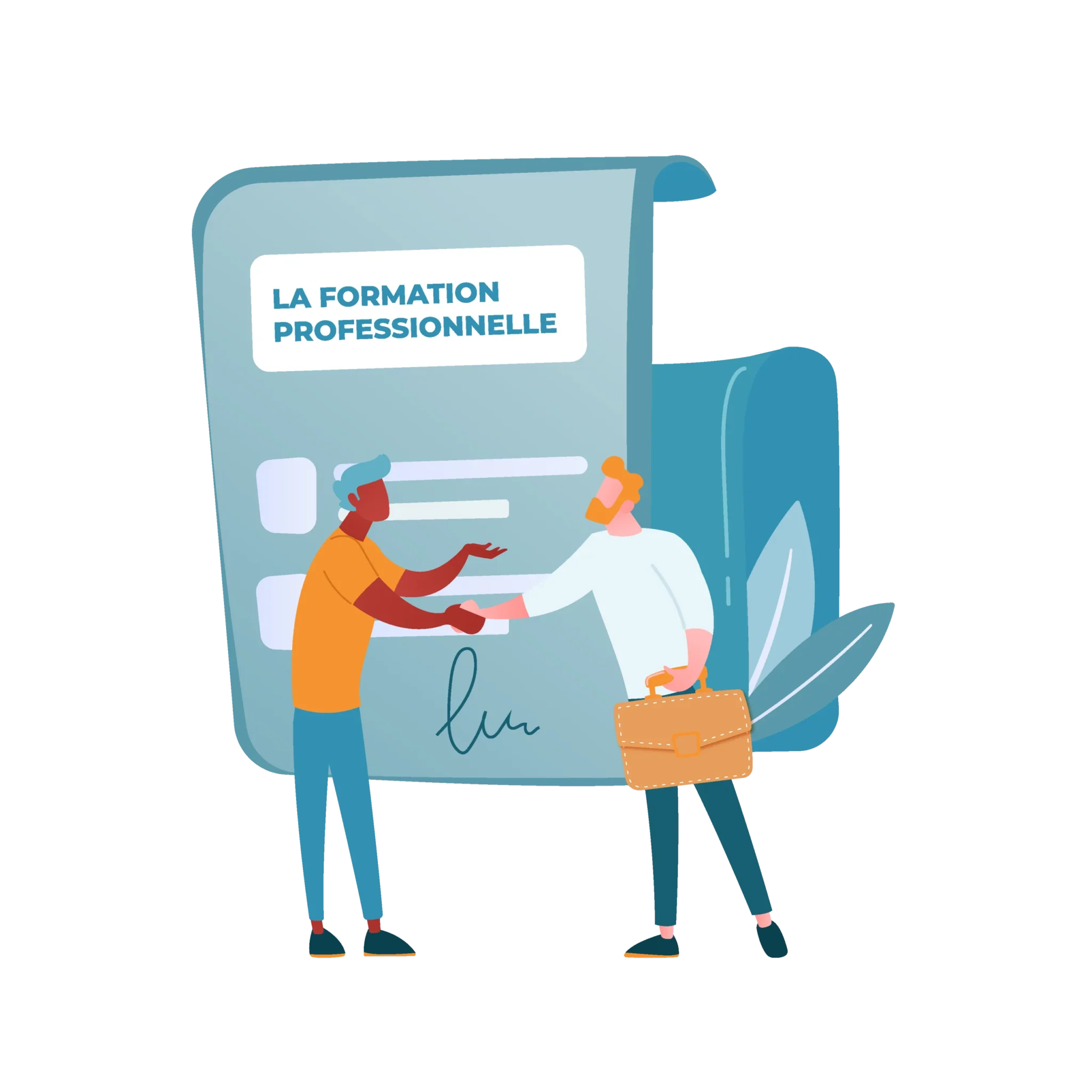 Illustration de deux personnes se serrant la main devant un contrat de formation professionnelle