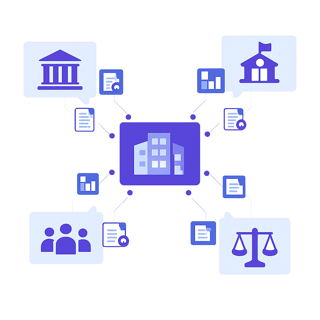 illustration-ecosysteme-institutionnel-dialogue-organisation-decideurs-information-flat-design